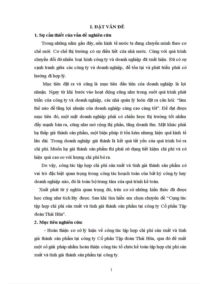 Công tác tập hợp chi phi sản xuất và tính giá thành sản phẩm tại công ty Cổ phần Tập đoàn Thái Hòa 1