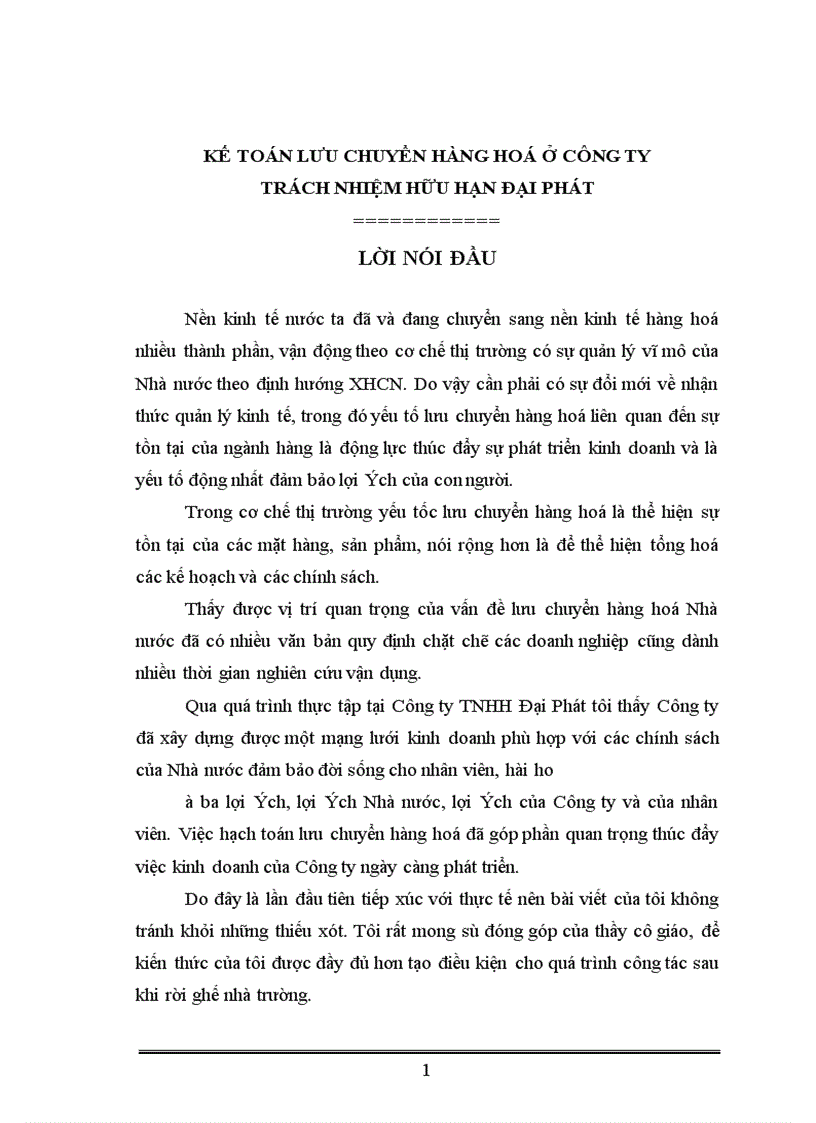 Kế toán lưu chuyển hàng hoá ở công ty trách nhiệm hữu hạn Đại Phát