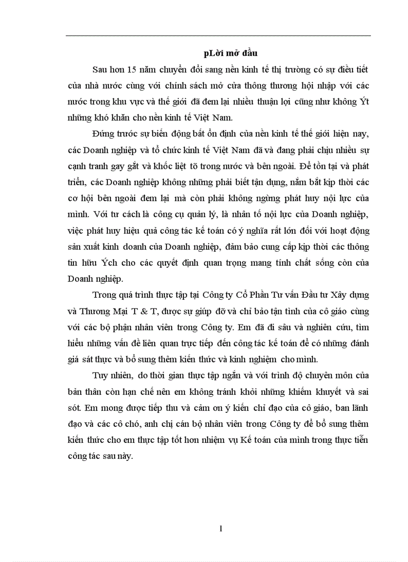 Thực trạng công tác Kế toán tại Công ty Cổ Phần Tư vấn Đầu tư Xây Dựng và Thương Mại T T 1