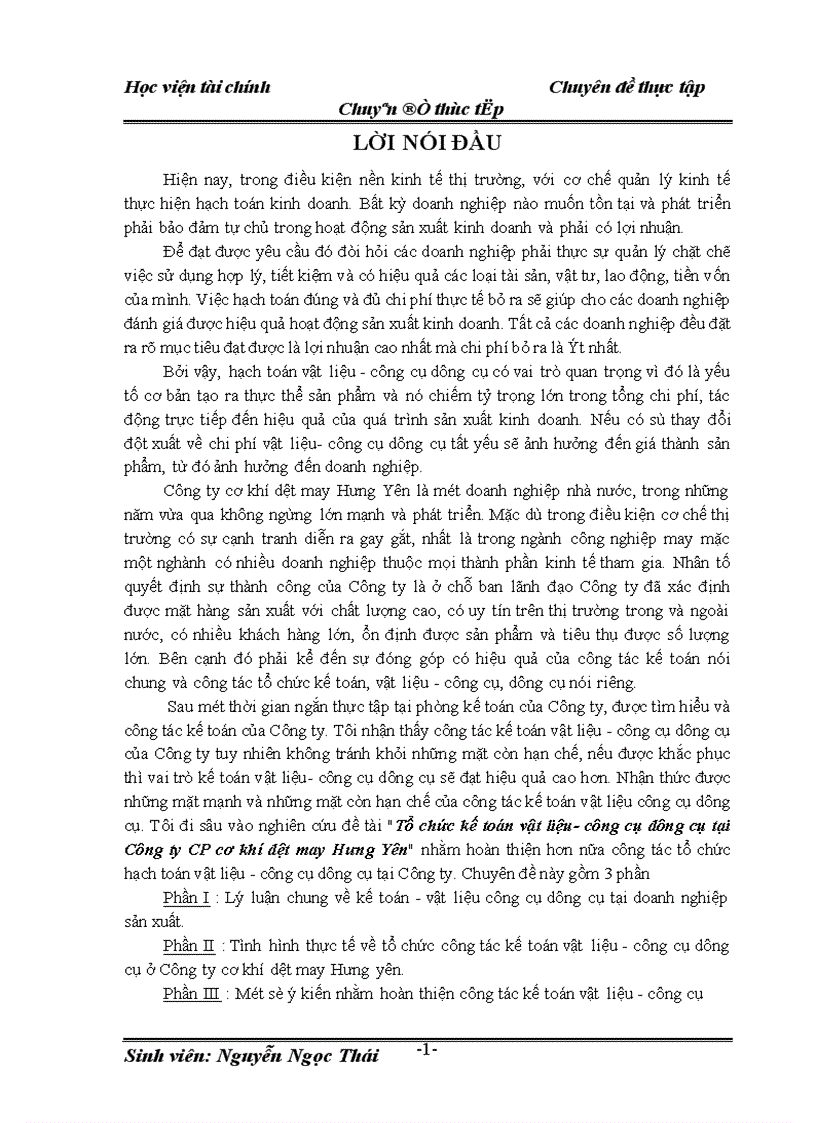 Tổ chức kế toán vật liệu công cụ dụng cụ tại Công ty CP cơ khí dệt may Hưng Yên 1