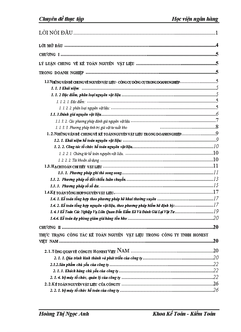 Một số giải pháp hoàn thiện công tác kế toán nguyên vật liệu công cụ dung cụ tại công ty TNHH HONEST Việt Nam