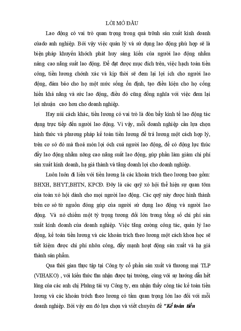 Kế toán tiền lương và các khoản trích theo lương tại Công ty cổ phần sản xuất và thương mại TLP VIHAKO 1