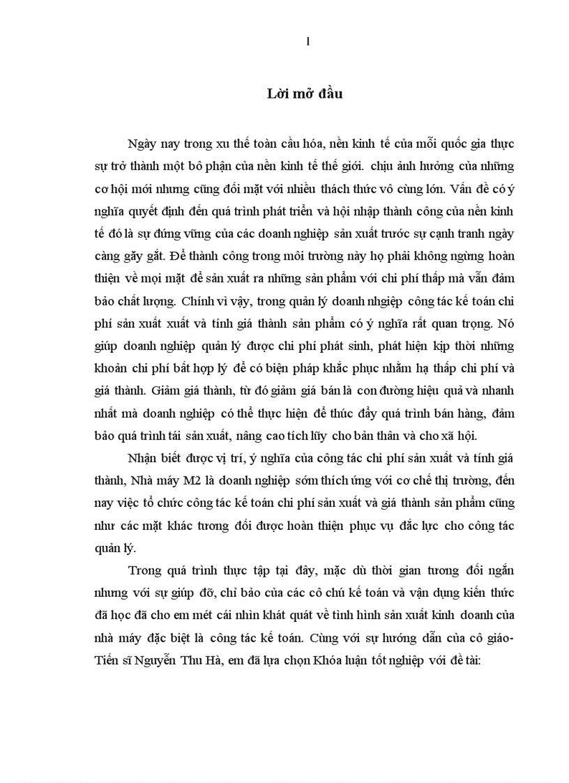 Hoàn thiện công tác kế toán chi phí sản xuất và tính giá thành sản phẩm tại nhà máy M2 1