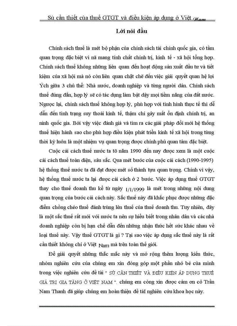 sự cần thiết và đIều kiện áp dụng thuế giá trị gia tăng ở việt nam