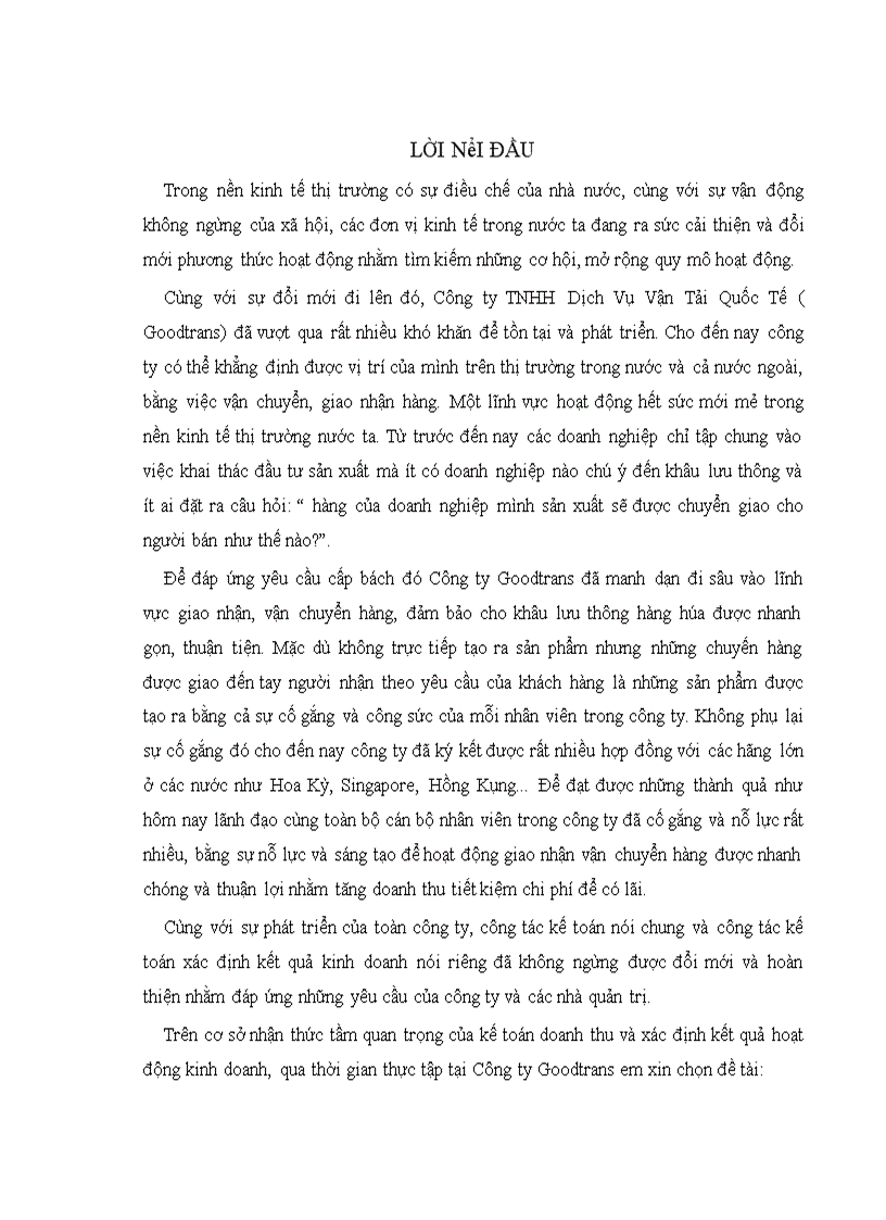 Hoàn thiện kế toán doanh thu cung cấp dịch vụ và xác định kết qủa kinh doanh tại Công ty Goodtrans 1
