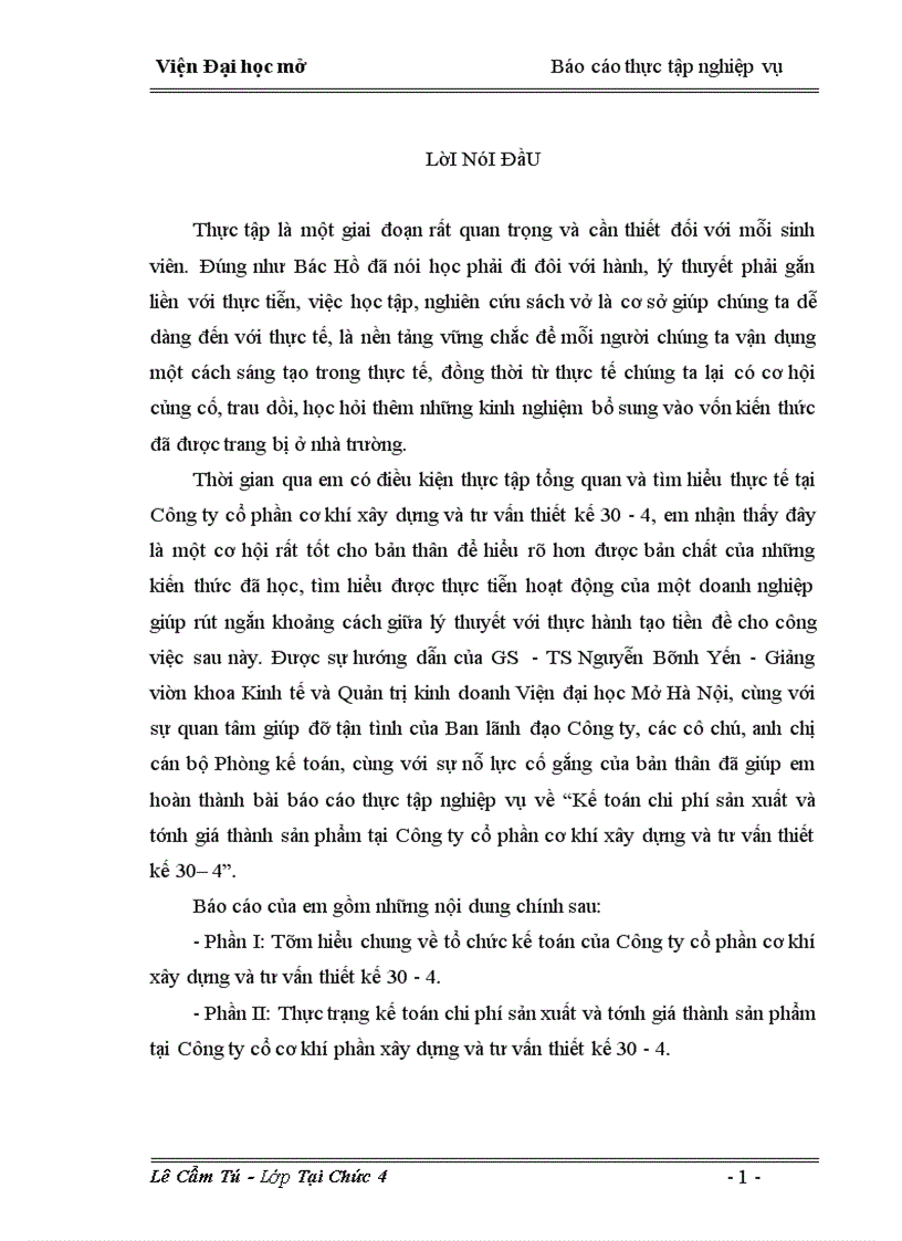 Kế toán chi phí sản xuất và tính giá thành sản phẩm tại Công ty cổ phần cơ khí xây dựng và tư vấn thiết kế 30 4