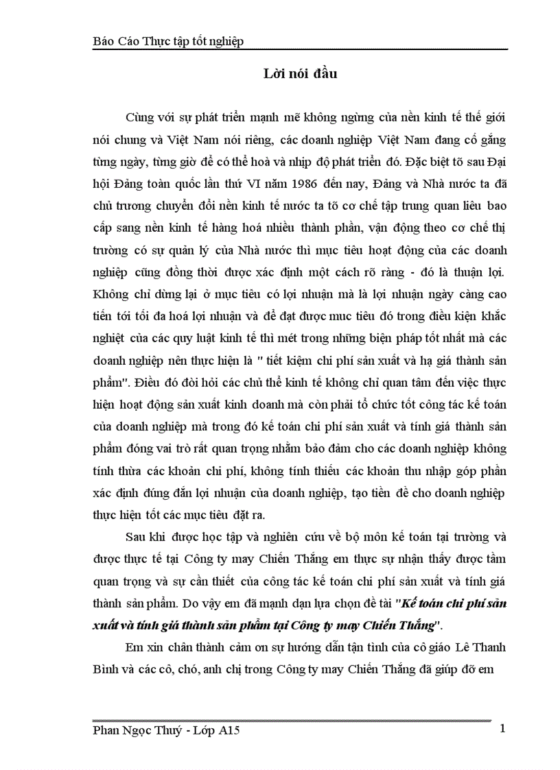 Kế toán chi phí sản xuất và tính giá thành sản phẩm tại Công ty may Chiến Thắng 1