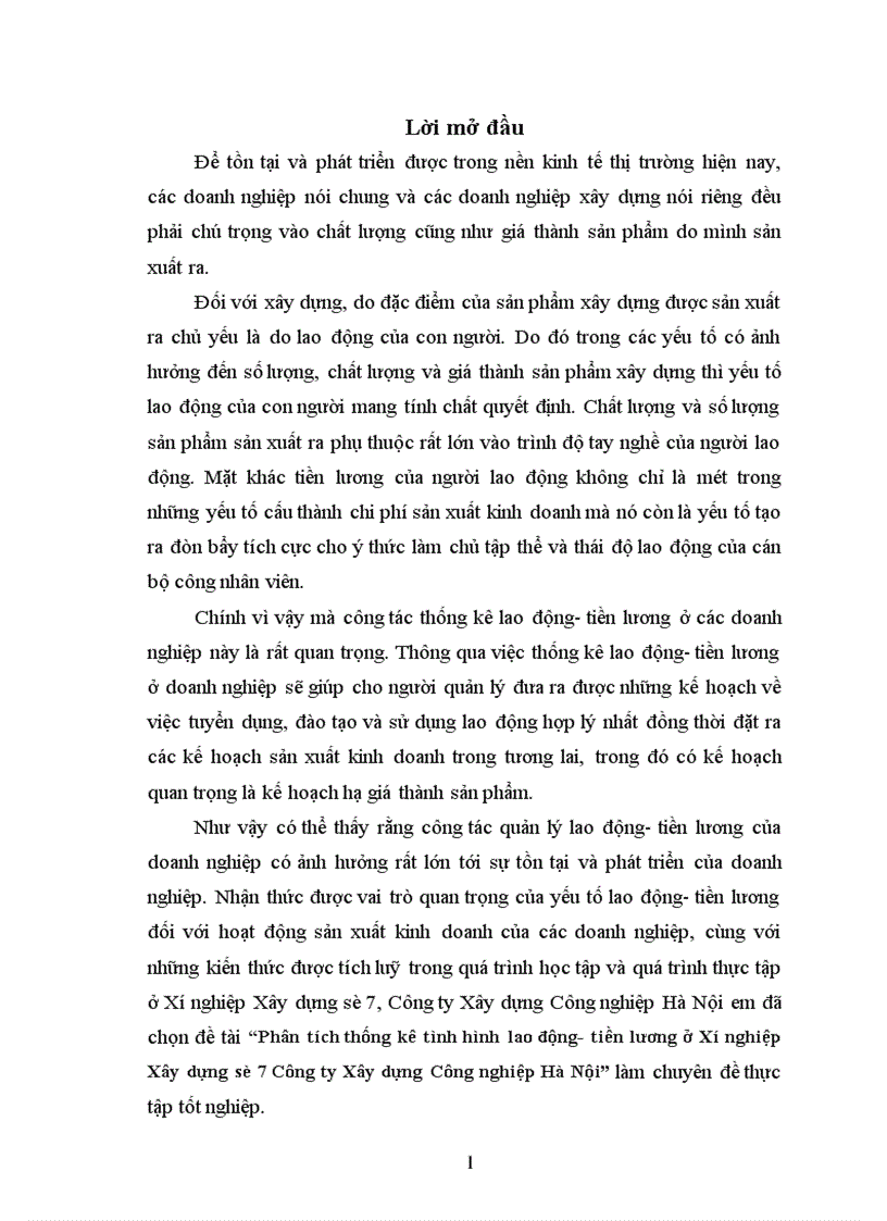 Phân tích thống kê tình hình lao động tiền lương ở Xí nghiệp Xây dựng số 7 Công ty Xây dựng Công nghiệp Hà Nội