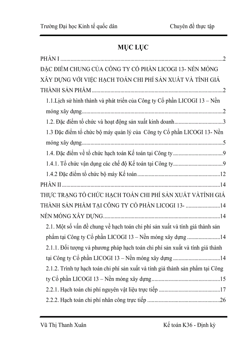 Tìm hiểu hạch toán chi phí sản xuất và tính giá thành sản phẩm tại công ty cổ phần licogi 13- nền móng xây dựng