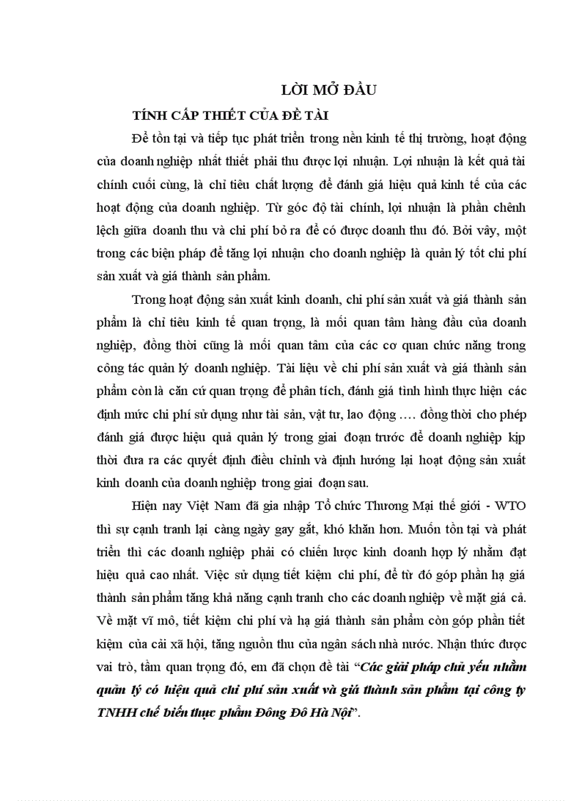 Các giải pháp chủ yếu nhằm quản lý có hiệu quả chi phí sản xuất và giá thành sản phẩm tại công ty TNHH chế biến thực phẩm Đông Đô Hà Nội 1