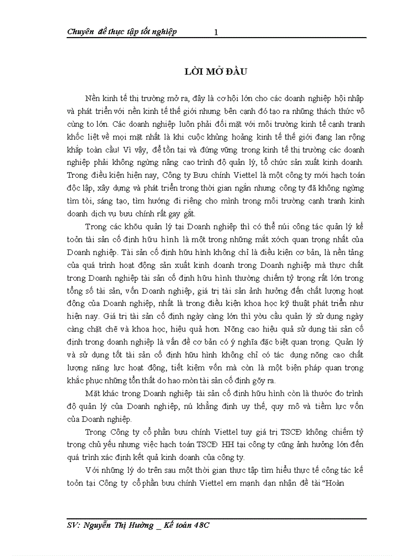 Hoàn thiện kế toán tài sản cố định hữu hình tại công ty CP bưu chính Viettel 1