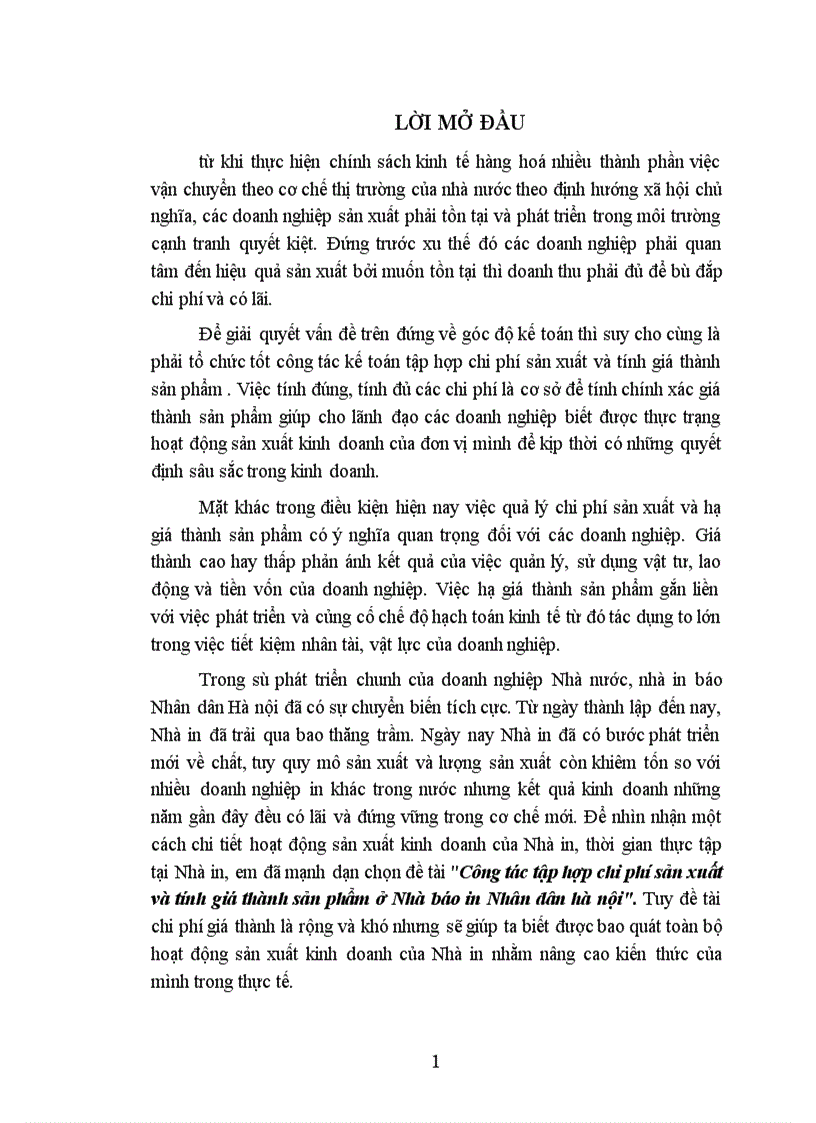 Công tác tập hợp chi phí sản xuất và tính giá thành sản phẩm ở Nhà báo in Nhân dân hà nội 1