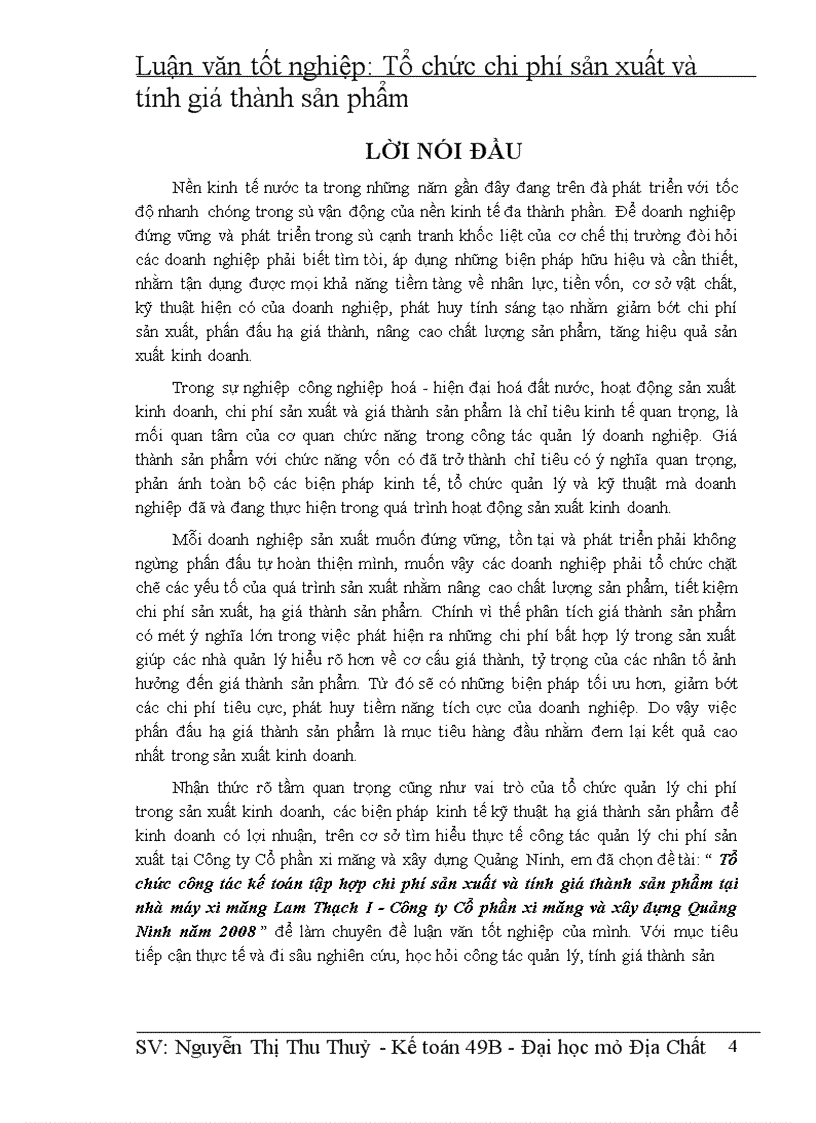 Tổ chức công tác kế toán tập hợp chi phí sản xuất và tính giá thành sản phẩm tại nhà máy xi măng Lam Thạch I Công ty Cổ phần xi măng và xây dựng Quảng Ninh năm 2008 1