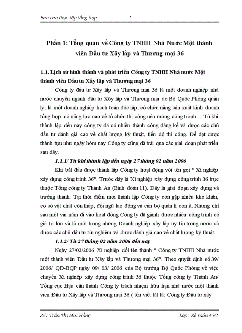 Báo cáo thực tập tổng hợp tại Công ty TNHH Nhà Nước Một thành viên Đầu tư Xây lắp và Thương mại