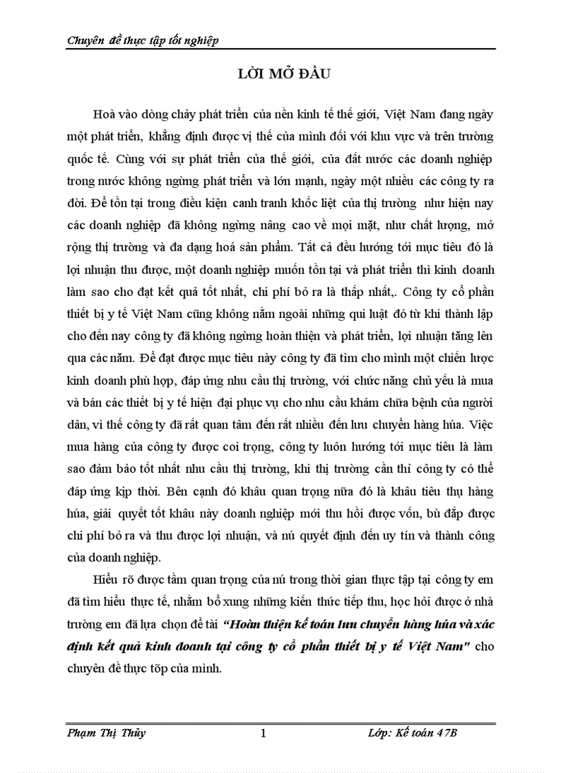 Hoàn thiện kế toán lưu chuyển hàng hóa và xác định kết quả kinh doanh tại công ty cổ phần thiết bị y tế Việt Nam 1