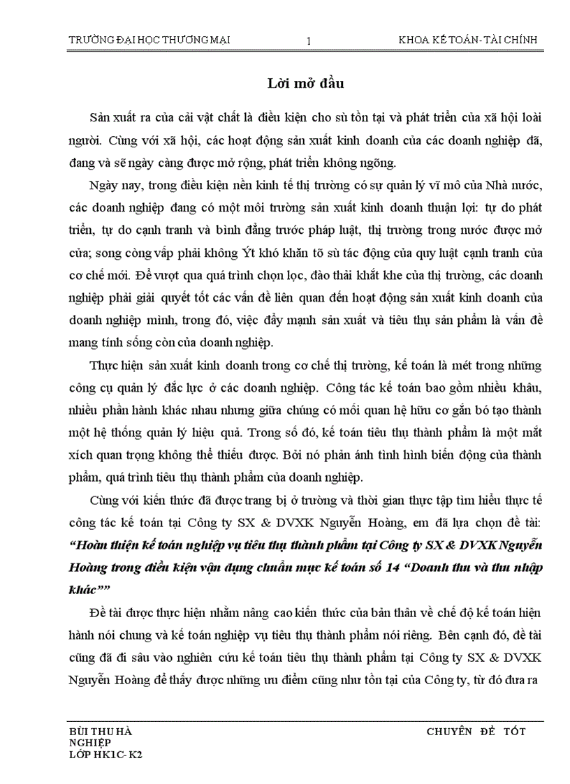 Hoàn thiện kế toán nghiệp vụ tiêu thụ thành phẩm tại Công ty SX DVXK Nguyễn Hoàng trong điều kiện vận dụng chuẩn mực