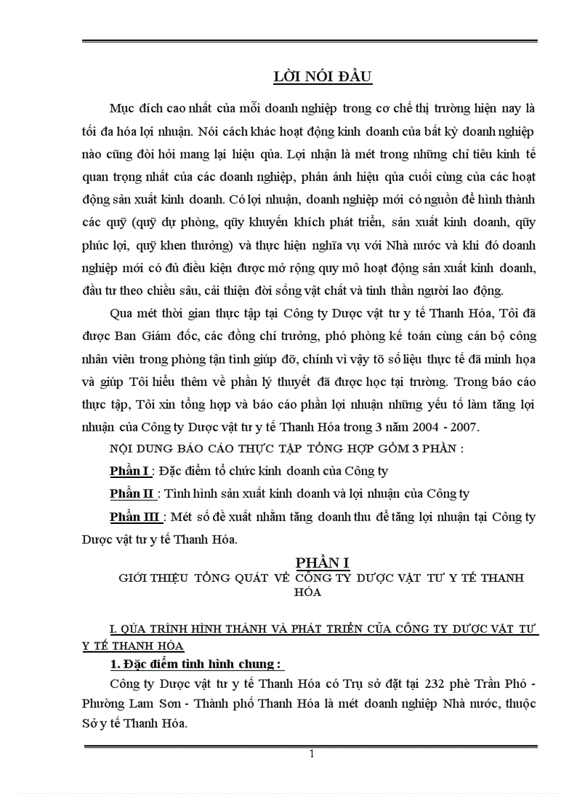 Tổng hợp và báo cáo phần lợi nhuận những yếu tố làm tăng lợi nhuận của Công ty Dược vật tư y tế Thanh Hóa trong 3 năm 2004 - 2007
