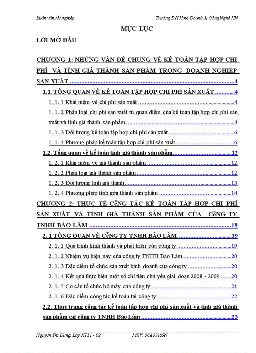Kế toán tập hợp chi phí sản xuất và tính giá thành sản phẩm tại Công ty TNHH Bảo Lâm