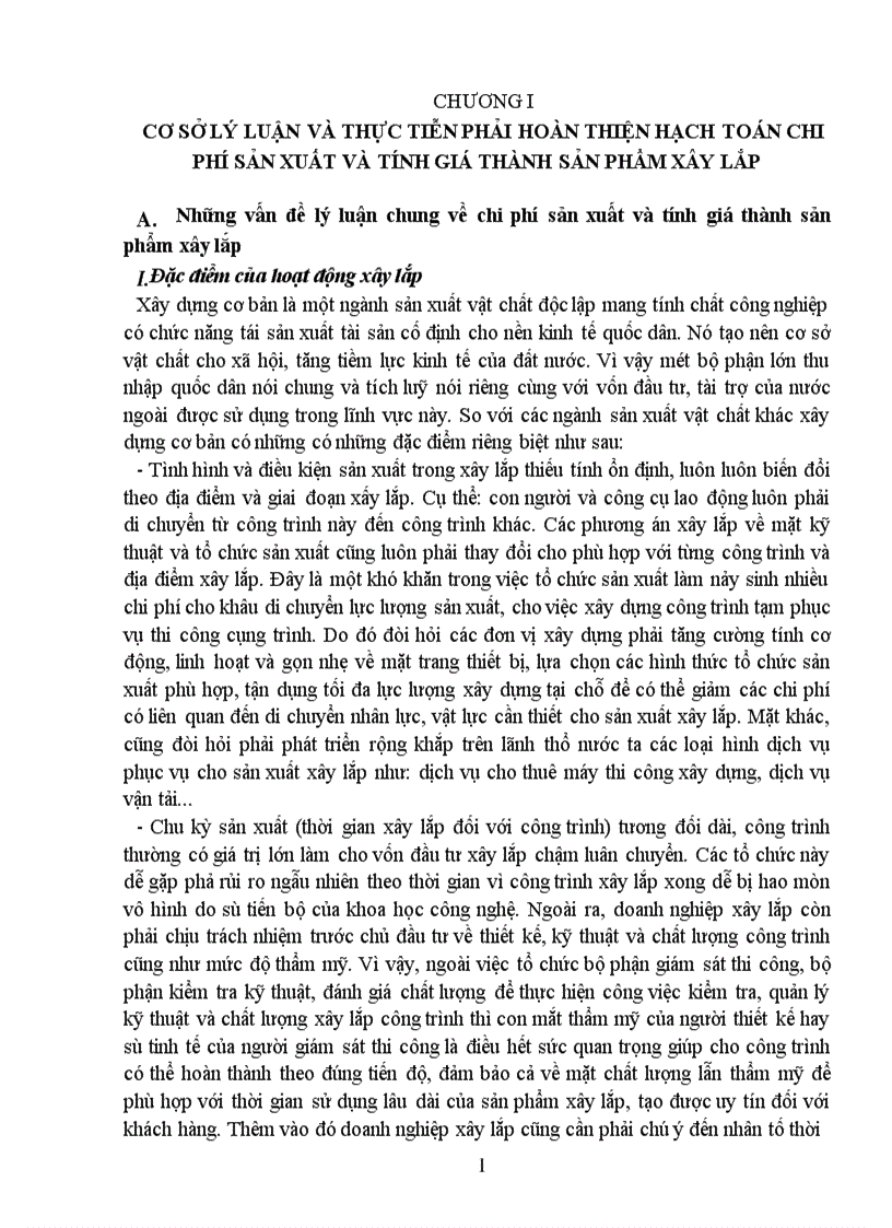 Thực trạng kế toán chi phí sản xuất và tính giá thành sản phẩm ở công ty xây lắp 1