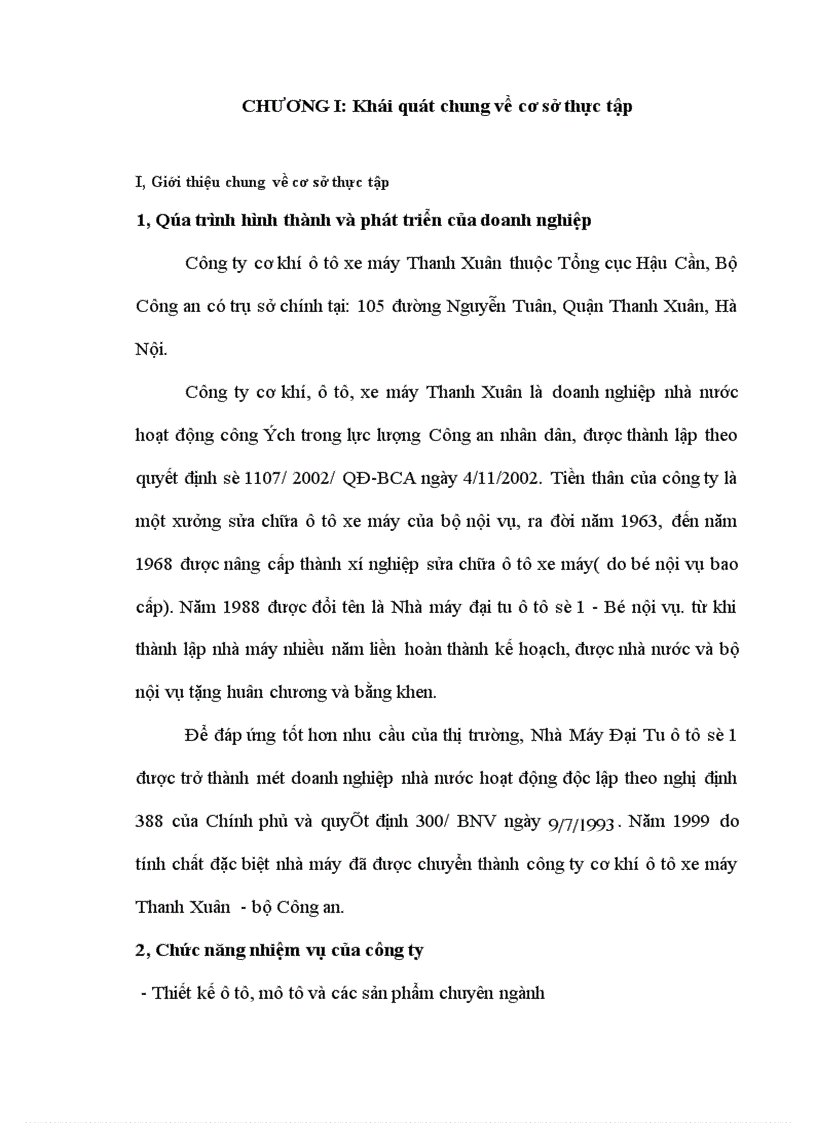 Thực trạng hoạt động sản xuất kinh doanh và phương hướng phát triển của cơ khí ô tô xe máy Thanh Xuân
