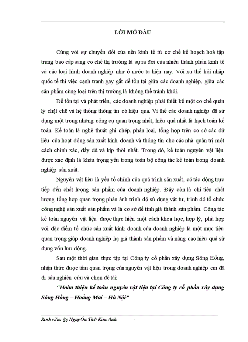 Hoàn thiện kế toán nguyên vật liệu tại Công ty cổ phần xây dựng Sông Hồng – Hoàng Mai – Hà Nội