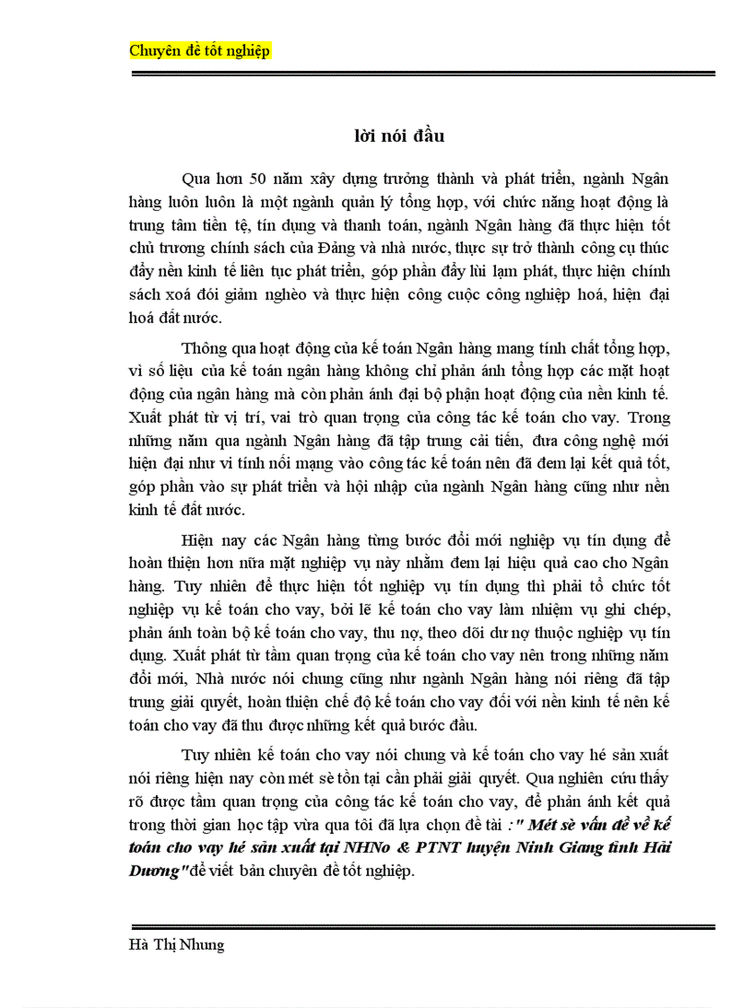Một số vấn đề về kế toán cho vay hộ sản xuất tại NHNo PTNT huyện Ninh Giang tỉnh Hải Dương 1