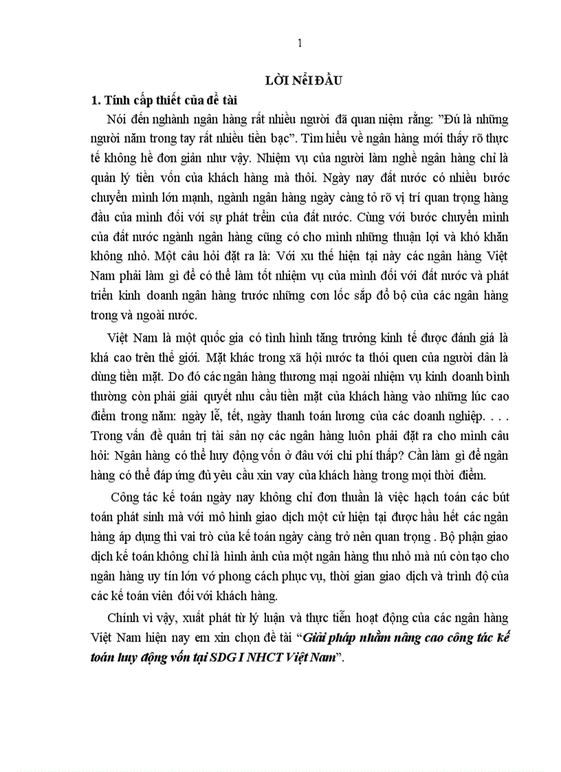 Giải pháp nhằm nâng cao công tác kế toán huy động vốn tại SDG I NHCT Việt Nam 1