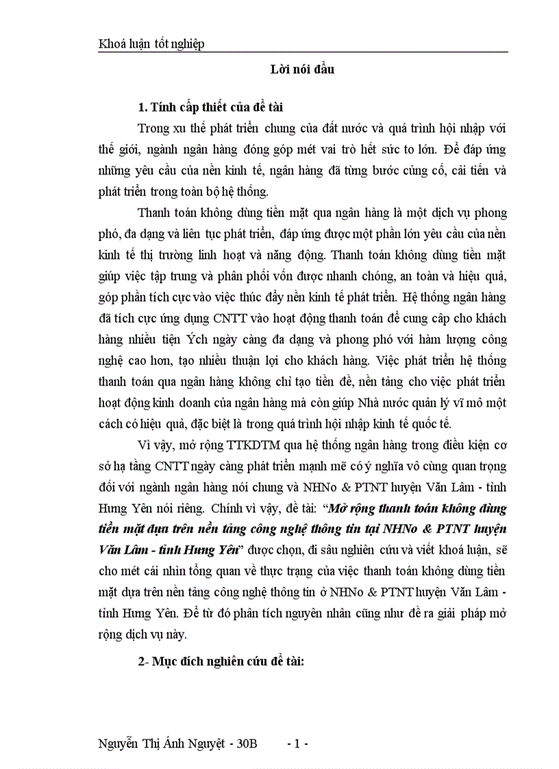 Mở rộng thanh toán không dùng tiền mặt dựa trên nền tảng công nghệ thông tin tại NHNo PTNT huyện Văn Lâm tỉnh Hưng Yên