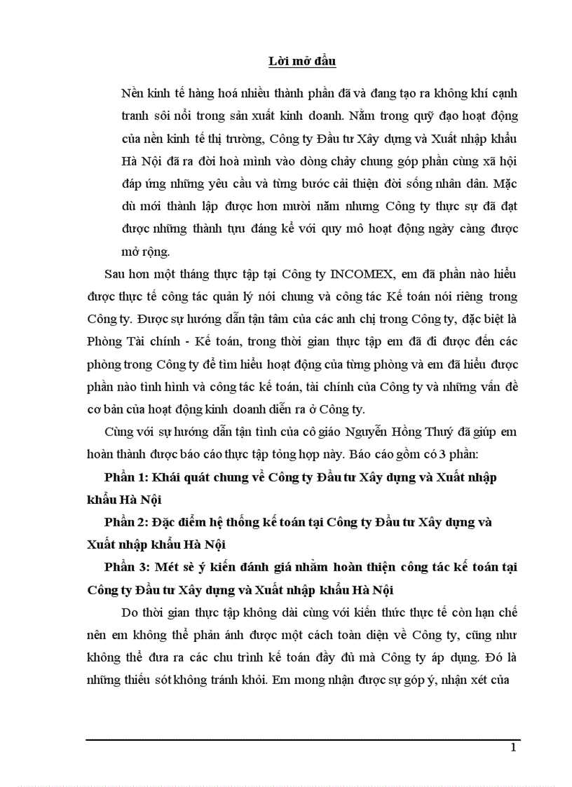 Một số ý kiến đánh giá nhằm hoàn thiện công tác kế toán tại Công ty Đầu tư Xây dựng và Xuất nhập khẩu Hà Nội