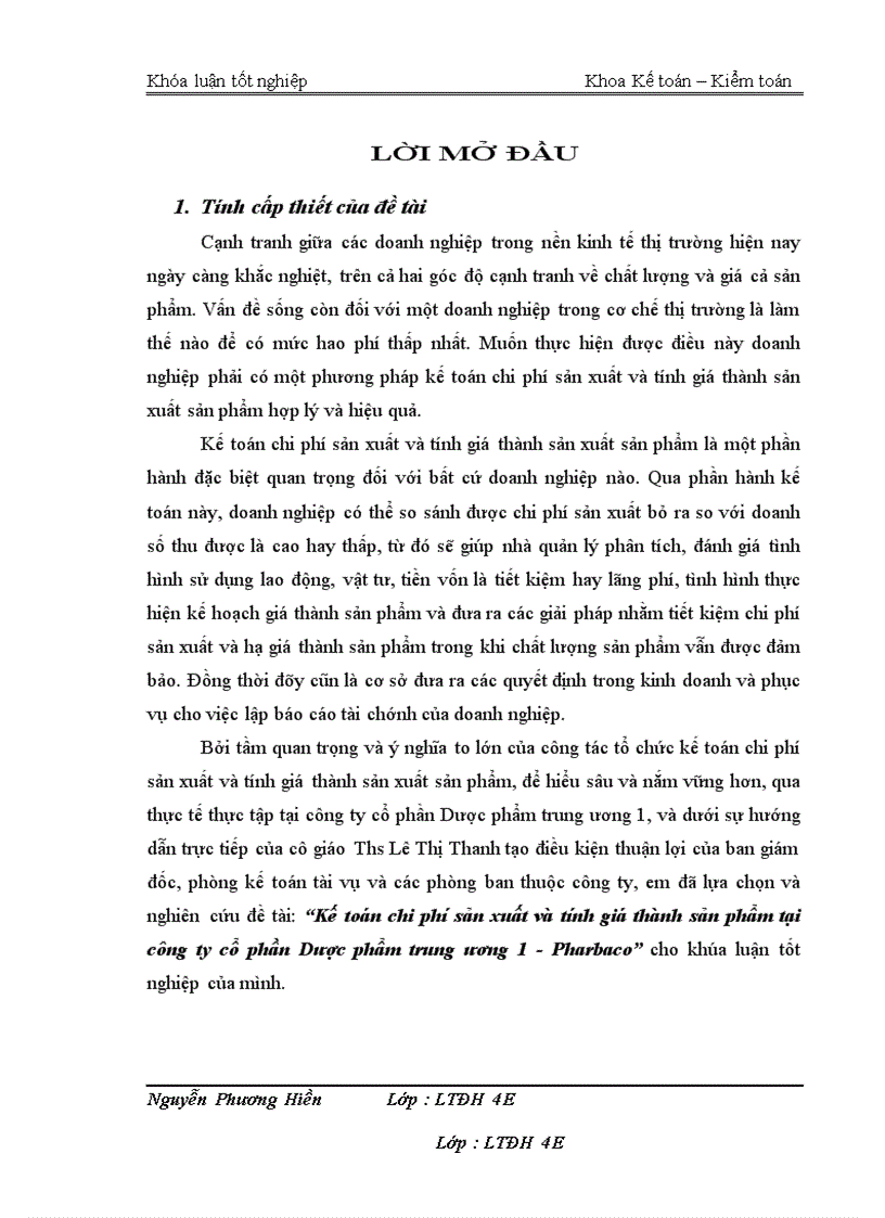 Kế toán chi phí sản xuất và tính giá thành sản phẩm tại công ty cổ phần Dược phẩm trung ương 1 Pharbaco 1