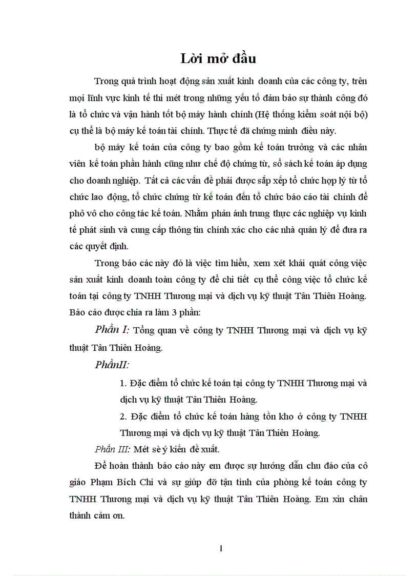 Đặc điểm tổ chức kế toán tại công ty TNHH Thương mại và dịch vụ kỹ thuật Tân Thiên Hoàng
