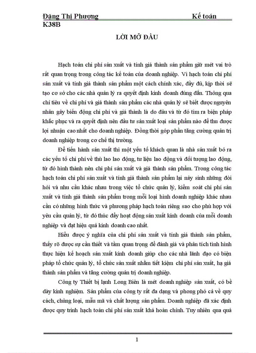 Hoàn thiện công tác hạch toán chi phí sản xuất và tính giá thành sản phẩm với việc tăng cường quản trị ở Công ty thiết bị lạnh Long Biên 1