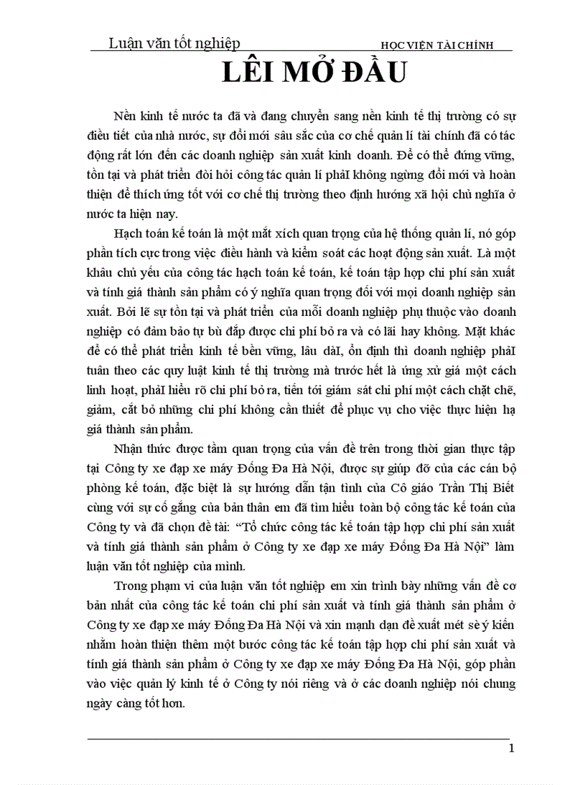 Tổ chức công tác kế toán tập hợp chi phí sản xuất và tính giá thành sản phẩm ở Công ty xe đạp xe máy Đống Đa Hà Nội 1