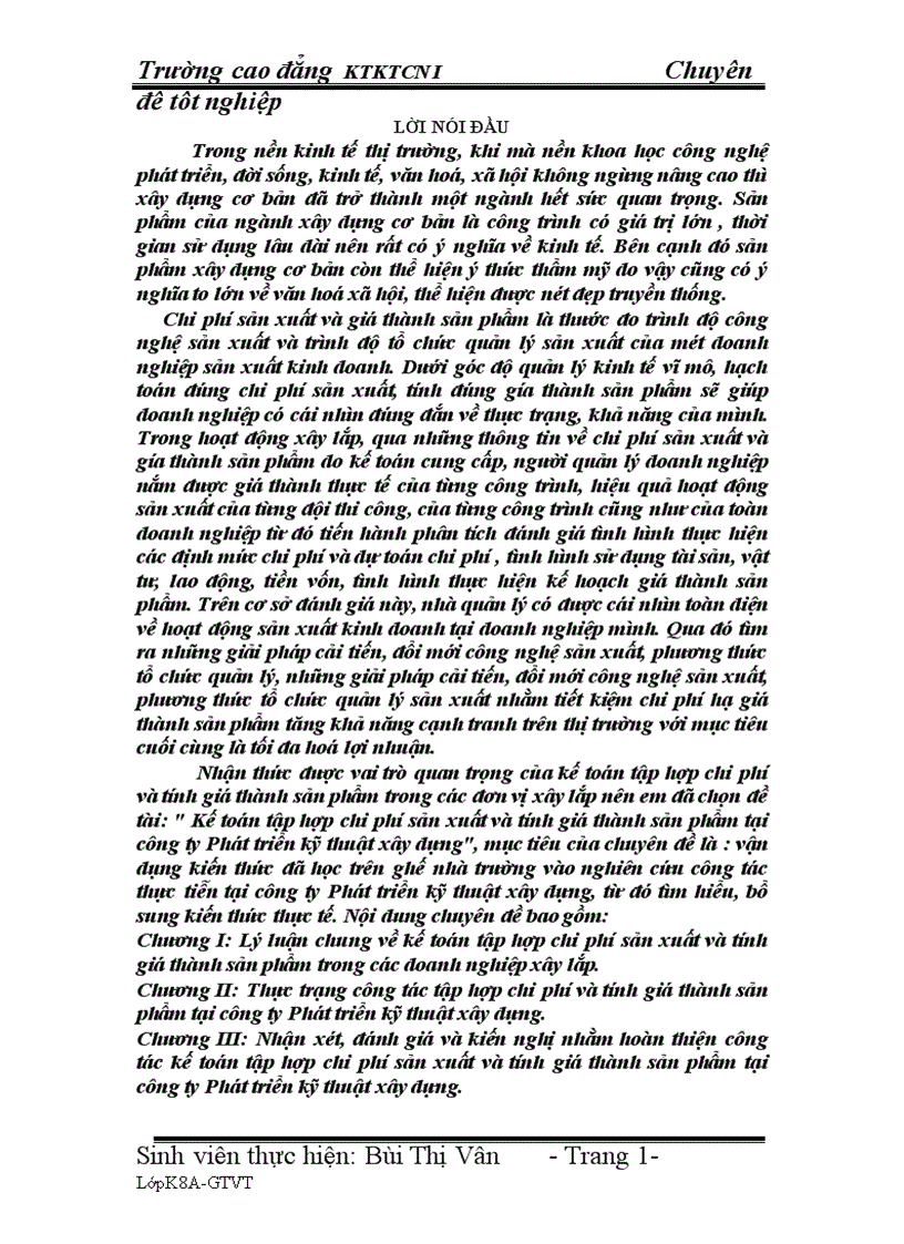 Kế toán tập hợp chi phí sản xuất và tính giá thành sản phẩm tại công ty Phát triển kỹ thuật xây dựng 1