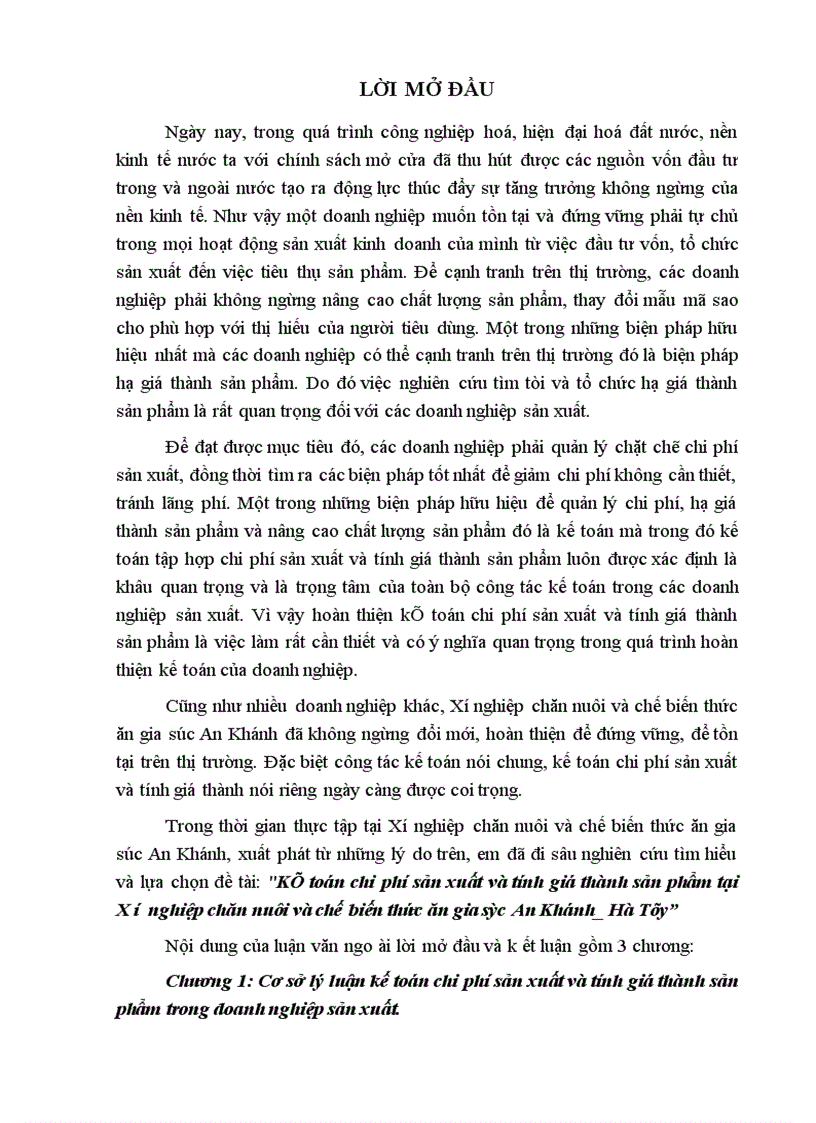 Kế toán chi phí sản xuất và tính giá thành sản phẩm tại X í nghiệp chăn nuôi và chế biến thức ăn gia súc An Khánh Hà Tây 1