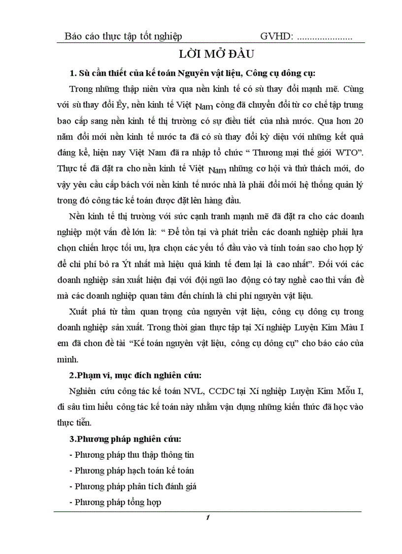 Một số kiến nghị nhằm hoàn thiện công tác kế toán Nguyên vật liệu Công cụ dụng cụ tại Xí nghiệp Luyện Kim Màu I