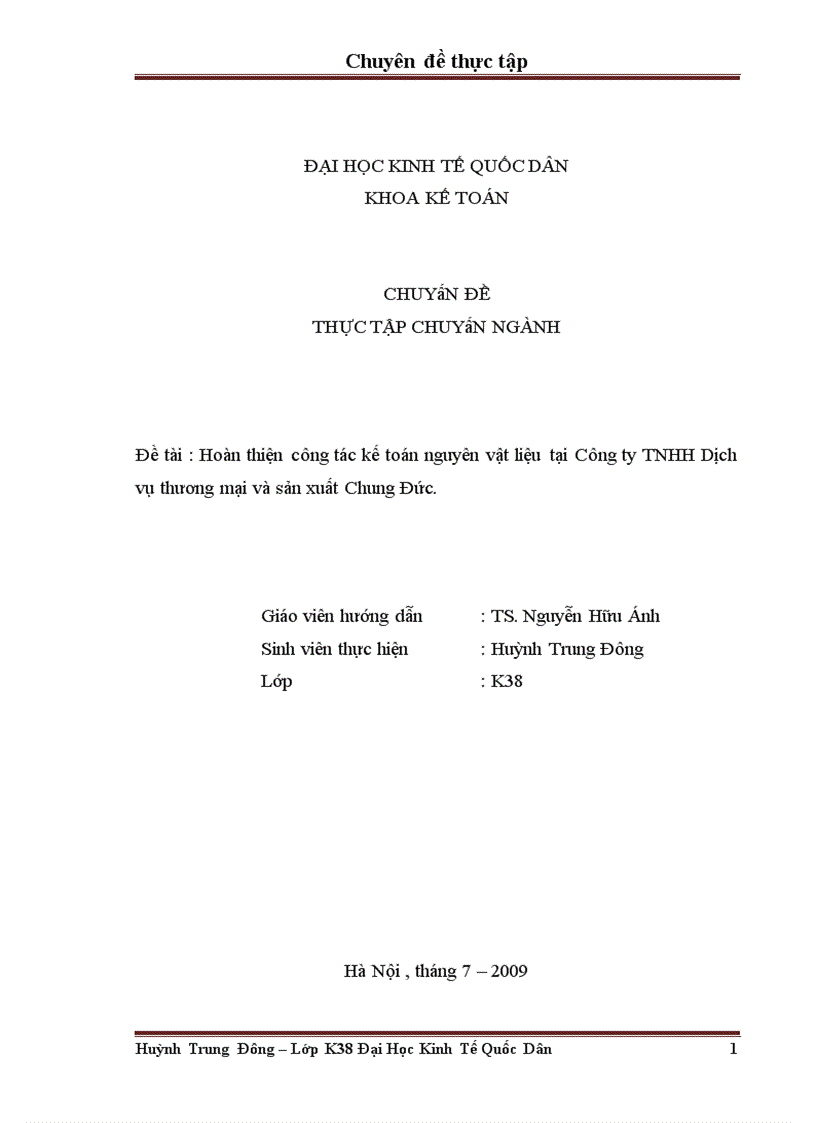 Hoàn thiện kế toán nguyên vật liệu tại Công ty TNHH dịch vụ thương mại và sản xuất Chung Đức 1