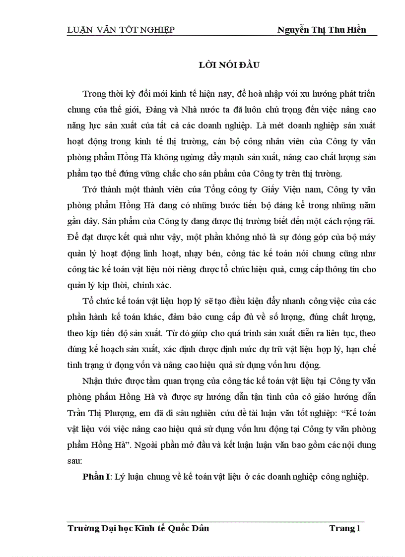 Kế toán vật liệu với việc nâng cao hiệu quả sử dụng vốn lưu động tại Công ty văn phòng phẩm Hồng Hà 1