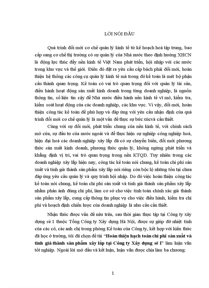 Hoàn thiện hạch toán chi phí sản xuất và tính giá thành sản phẩm xây lắp tại Công ty Xây dựng số I 1