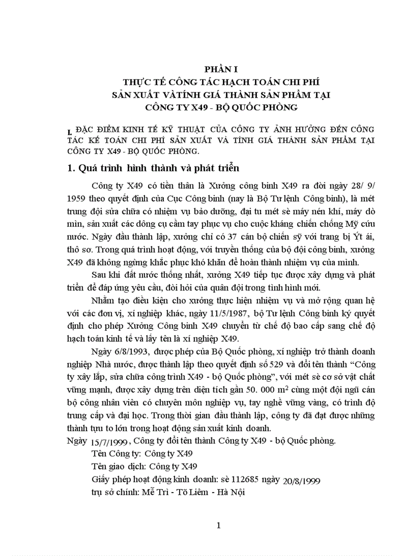 Thực tế công tác hạch toán chi phí sản xuất vàtính giá thành sản phẩm tại công ty X49 bộ quốc phòng 1