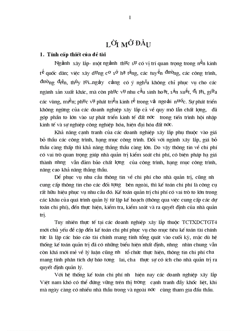Hoàn thiện kế toán quản trị chi phí trong các doanh nghiệp xây lắp thuộc Tổng công ty xây dựng công trình giao thông 4 1
