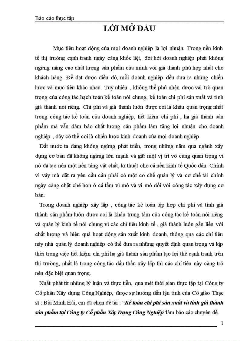 Kế toán chi phí sản xuất và tính giá thành sản phẩm tại Công ty Cổ phần Xây Dựng Công Nghiệp 1