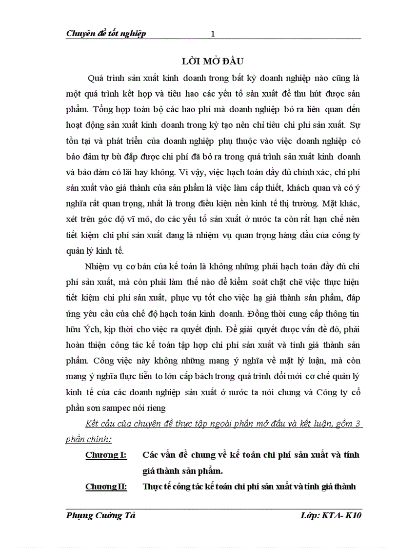Thực tế công tác kế toán chi phí sản xuất và tính giá thành sản phẩm ở Công ty cổ phần sơn Sampec 1