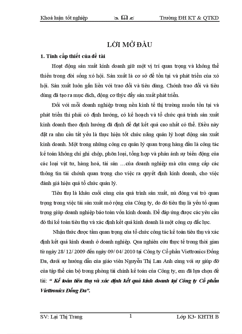Kế toán tiêu thụ và xác định kết quả kinh doanh tại Công ty Cổ phần Viettronics Đống Đa