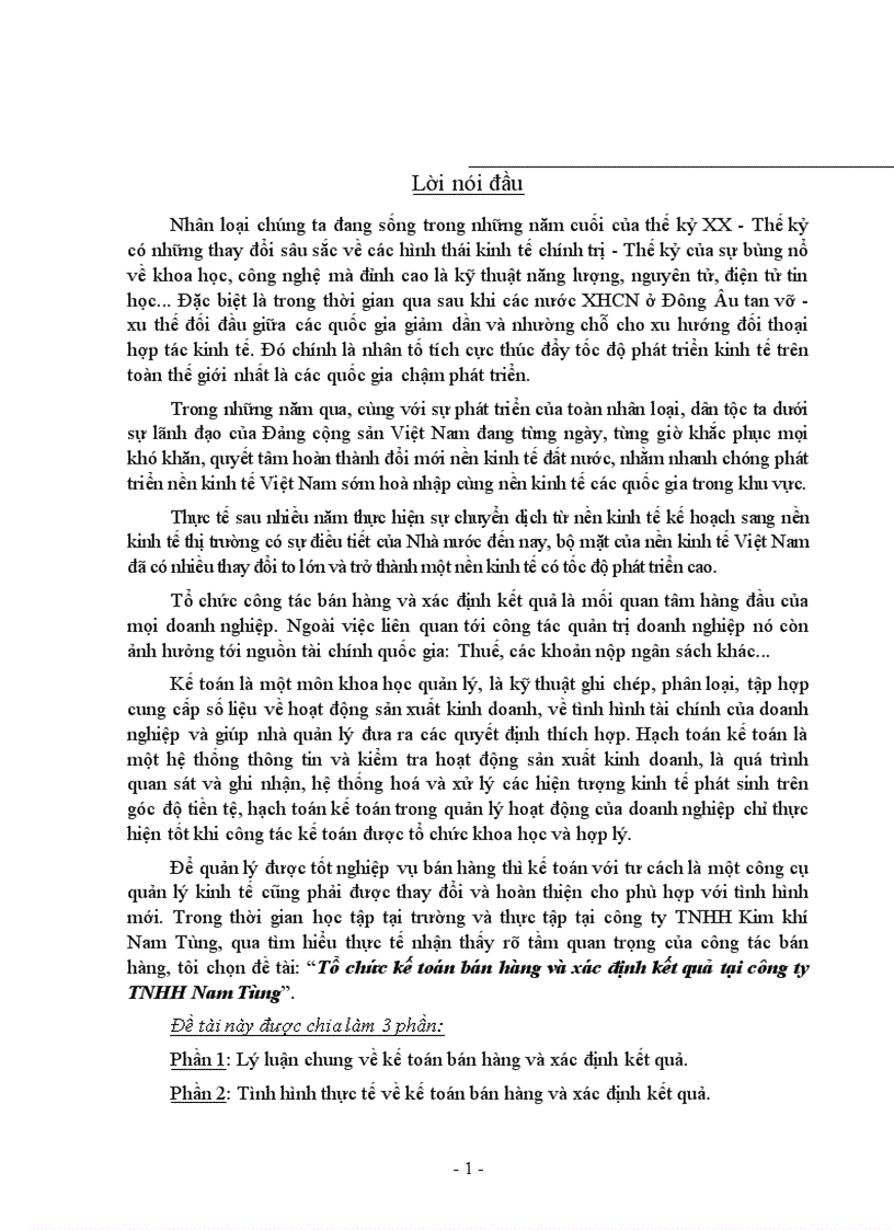 Tổ chức kế toán bán hàng và xác định kết quả tại công ty TNHH Nam Tùng 1