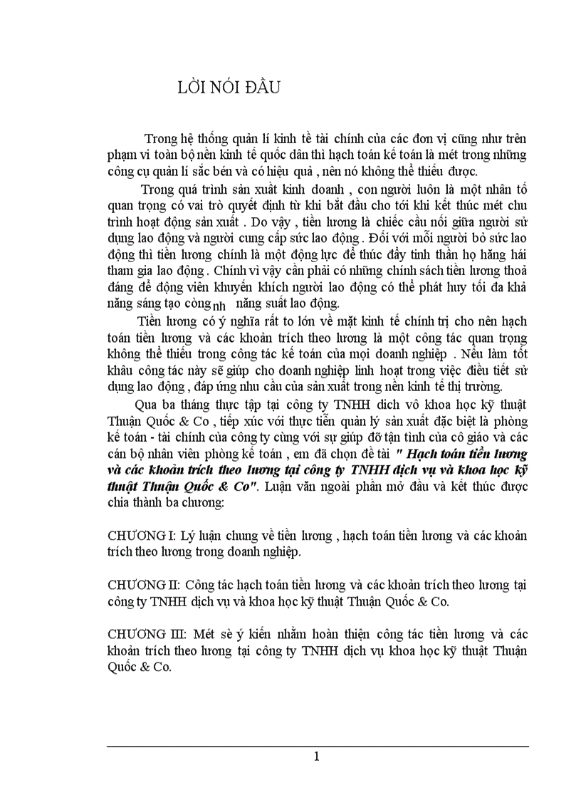 Hạch toán tiền lương và các khoản trích theo lương tại công ty TNHH dịch vụ và khoa học kỹ thuật Thuận Quốc Co 1