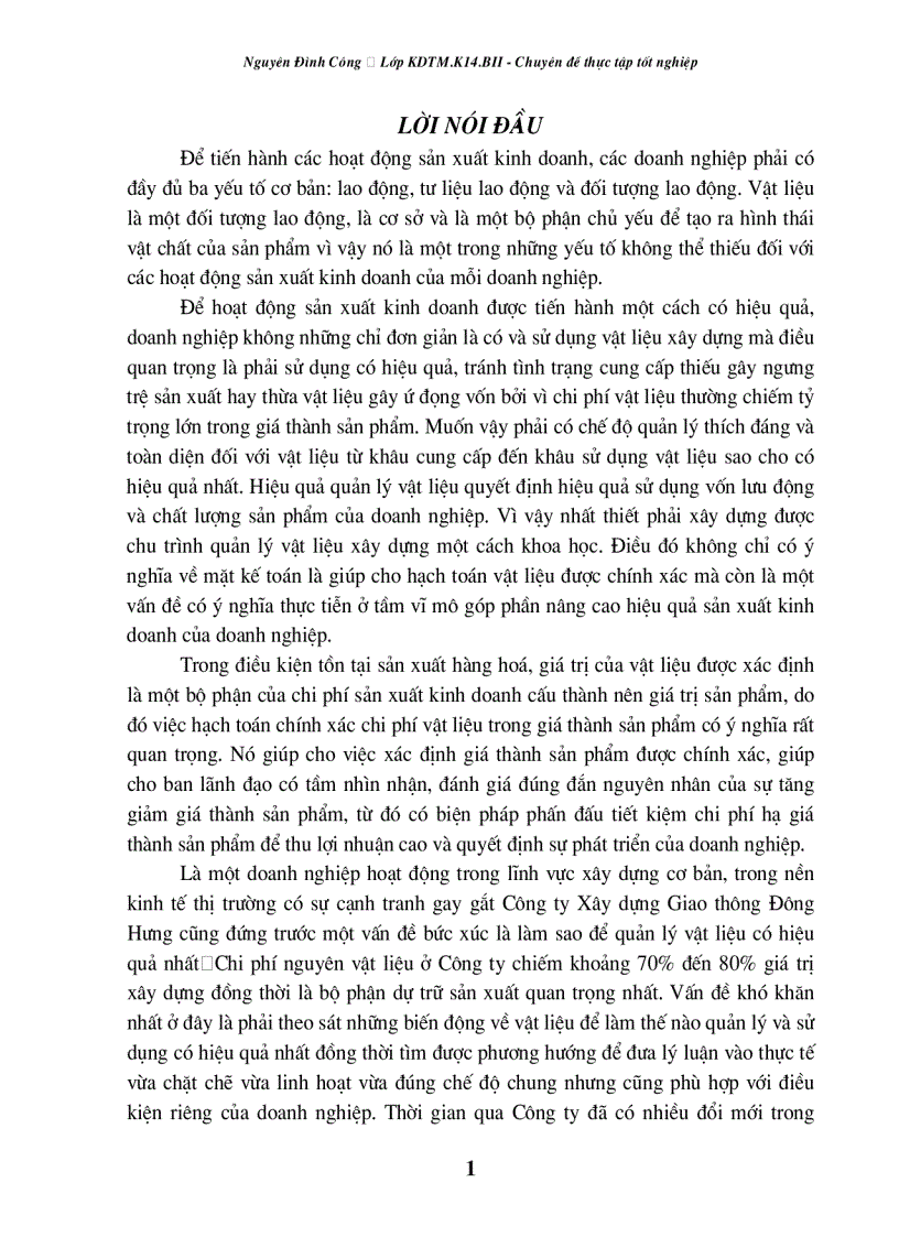 Quản lý và hạch toán nguyên vật liệu ở Công ty Xây dựng Giao thông Đông Hưng.