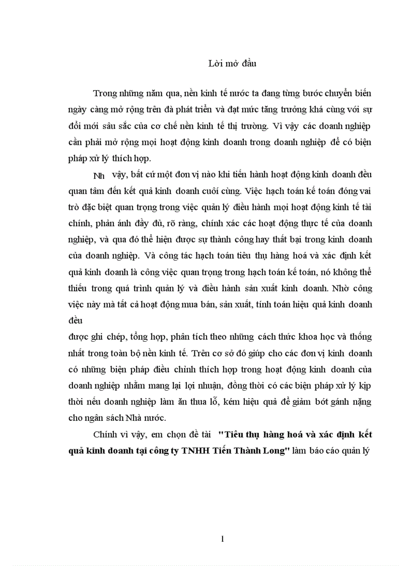 Báo cáo tổng hợp tình hình tiêu thụ hàng hoá và xác định kết quả kinh doanh tại công ty TNHH Tiến Thành Long