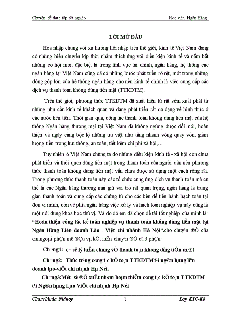 Hoàn thiện công tác kế toán nghiệp vụ thanh toán không dùng tiền mặt tại Ngân Hàng Liên doanh Lào Việt chi nhánh Hà Nội