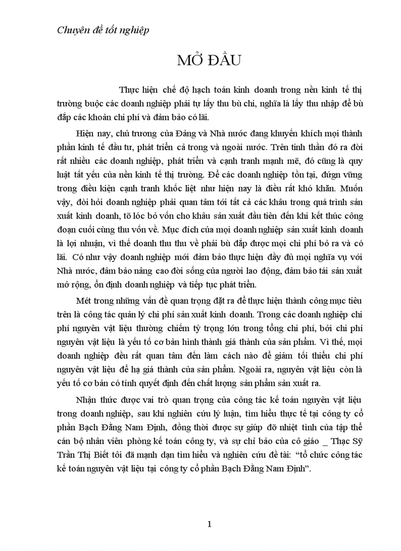 Tổ chức công tác kế toán nguyên vật liệu tại công ty cổ phần Bạch Đằng Nam Định 1